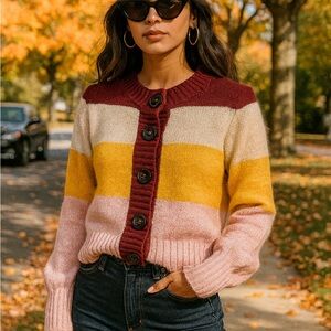 Wild Fable Burgundy, Yellow, and Pink Striped Cropped Cardigan